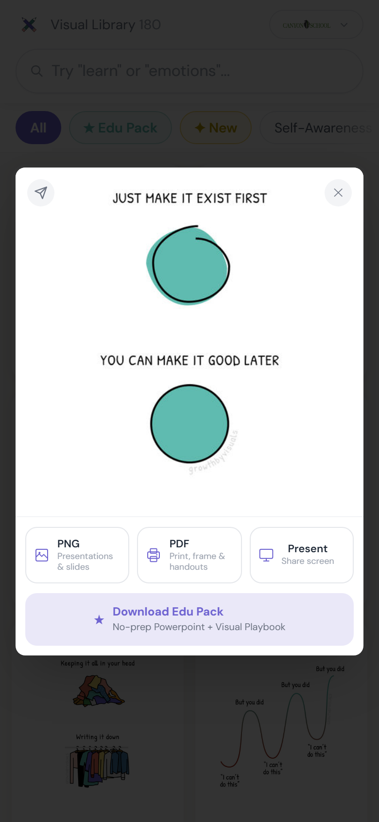 Visual detail view showing PNG, PDF, Present and Download Edu Pack options